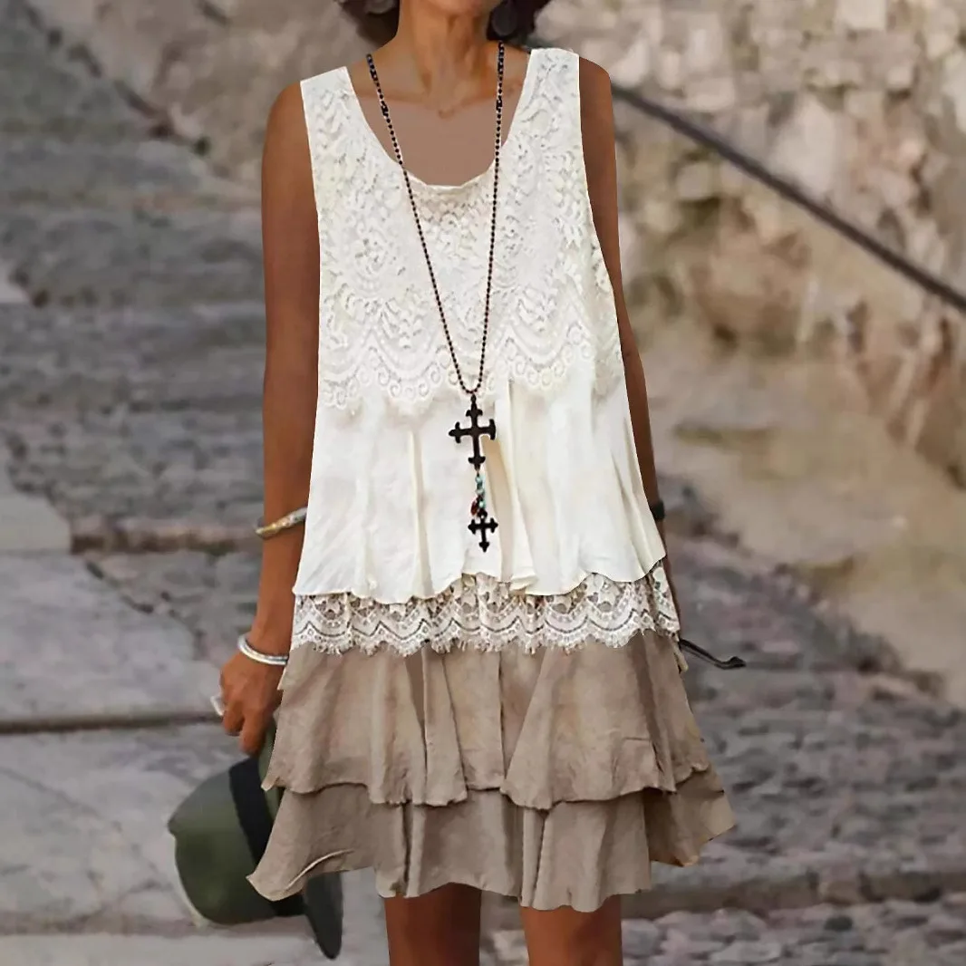 

Popular Women's Sleeveless Lace Patchwork Dress With Round Neck Plus Size Skirt For Children