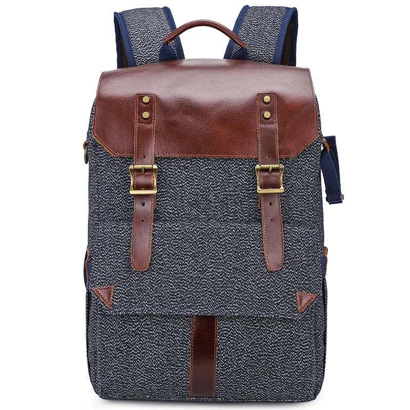 

Photo Vintage Salt and Pepper Canvas Leather Waterproof Camera DSLR Backpack fit 15.4inch Laptop w Tripod Band Men Travel Bag