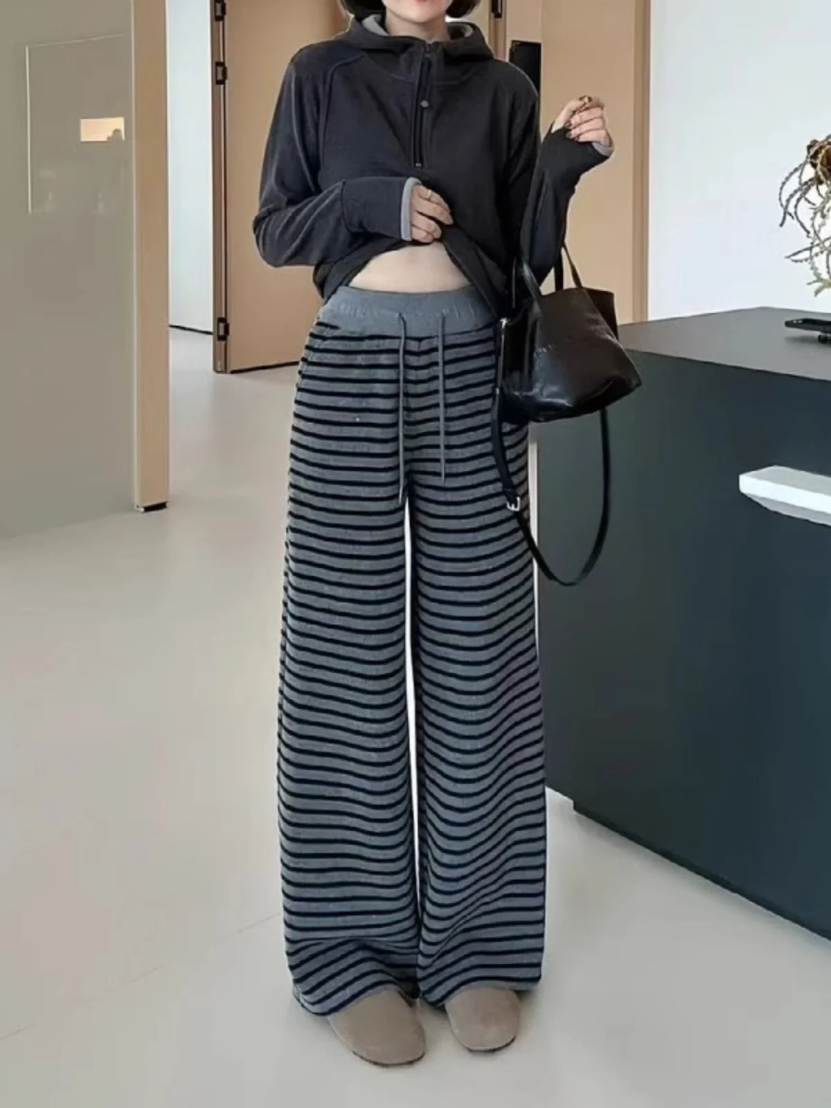 

Женские утепленные повседневные брюки свободного кроя, удобные, прямые, зимние, теплые, в полоску, для всех типов фигуры