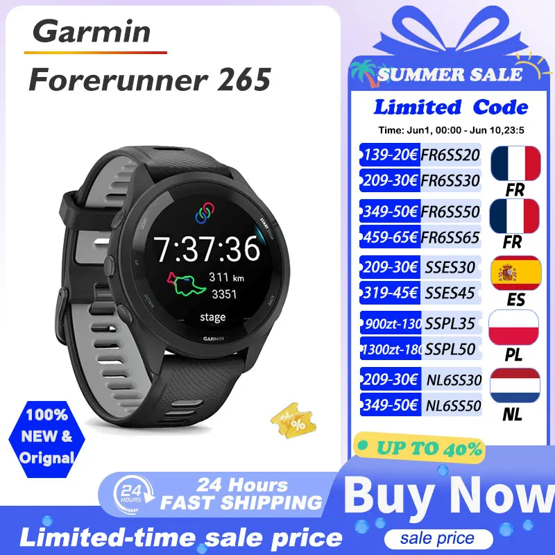 Montre connectée Garmin Forerunner 265, montre de sport Garmin, GPS pour activités de plein air, course à pied, fitness, marathon, natation, fréquence cardiaque, oxygène sanguin