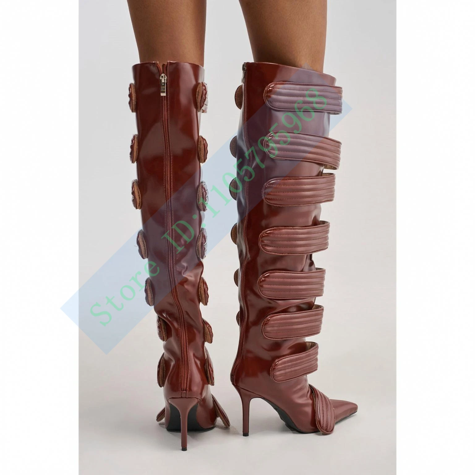 Fashion Women High Knee Boots Pointed Toe Stiletto Heels Hollow Out Lace Up Design Zipper Sexy Party Club Shoes New Footwear