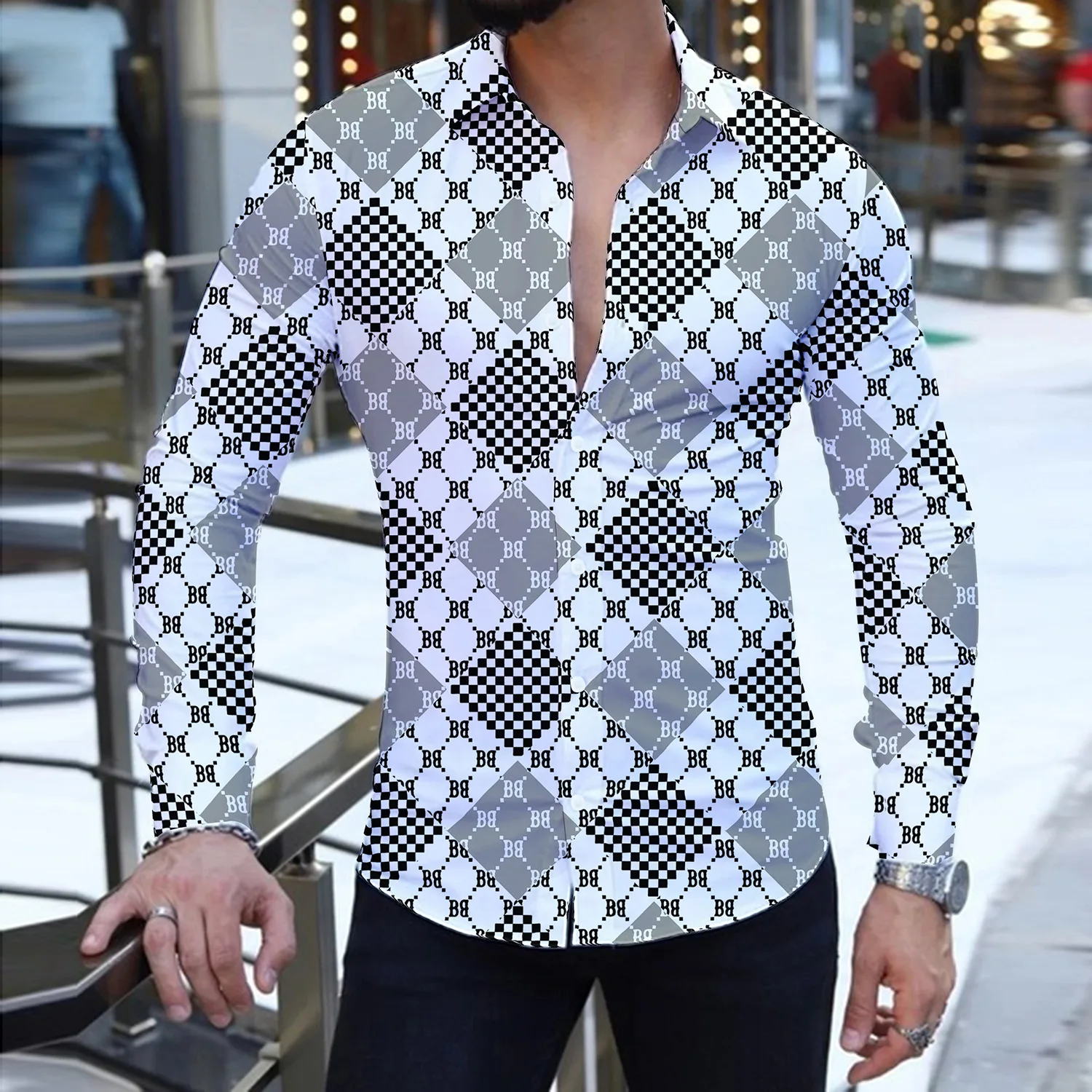 

Square Grid Splicing Pattern 3D Prited Men's Shirt Long Sleeve Stand-up Collar Shirts Luxury Style Trend Street Mens Wear