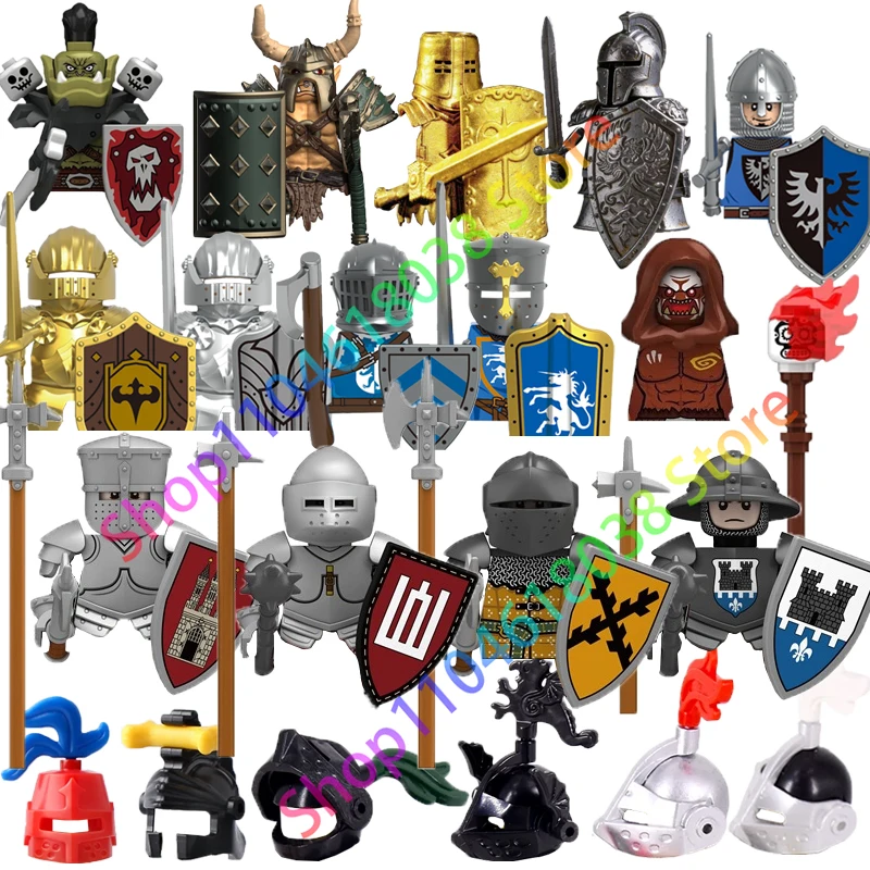 MOC Medieval Knights Orcs Building Blocks Figures Toy Military Soldiers Guard Weapons Bows Arrow Shield Armor Flags Torches A38