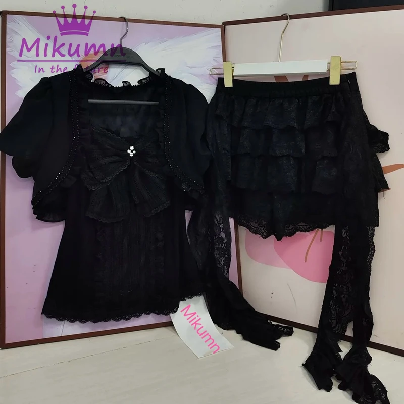 Mikumn Gothic Lolita Black Lace 3 Piece Set Women Puff Sleeve Cardigan+Bow Cami Top+Cake Mini Skirt Y2K Aesthetic Kawaii Outfit view 2