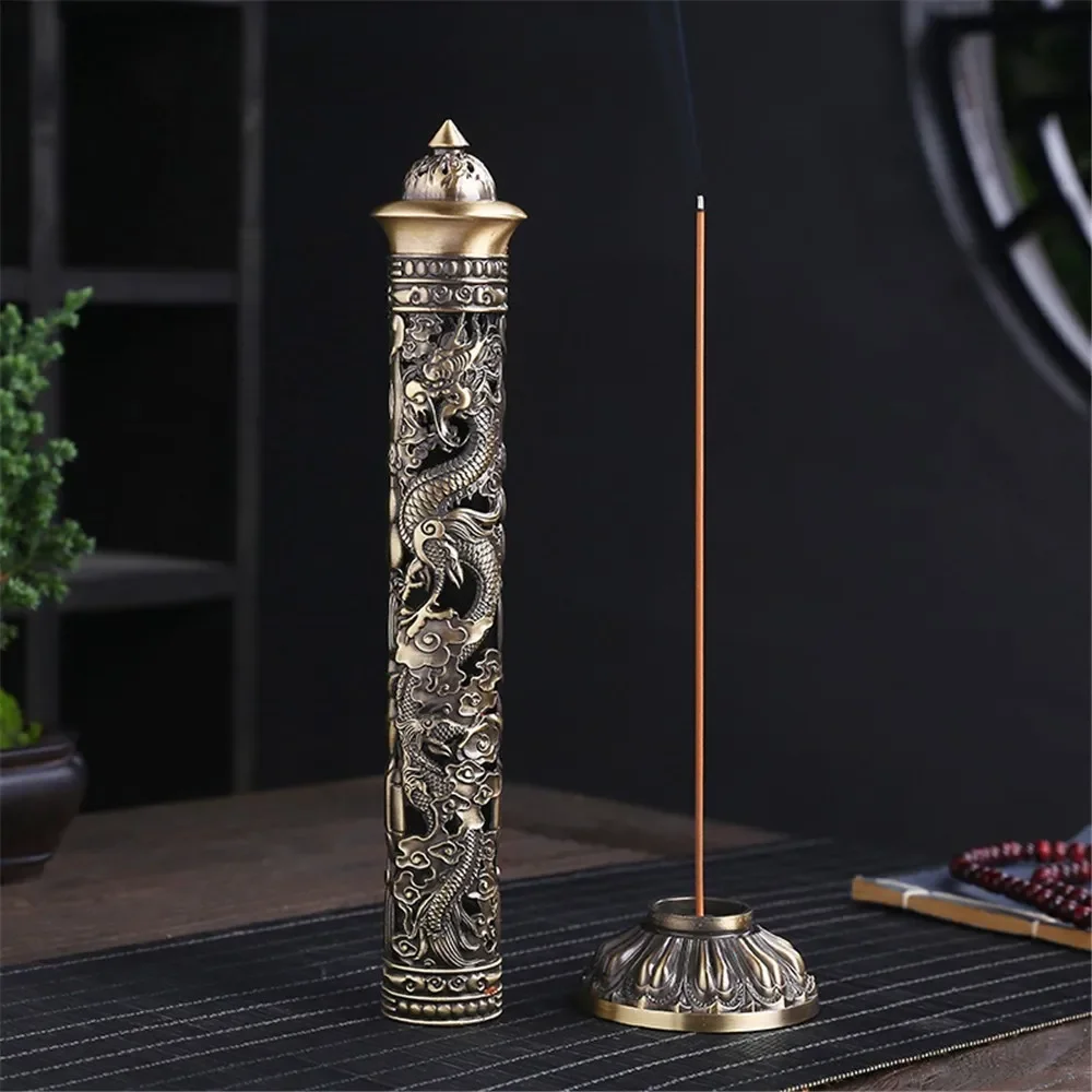 Vintage Metal Incense Holder Featuring a Dragon And Phoenix Relief, Designed in an vintage Style with Intricate Hollow Carvings,