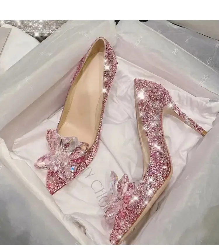 Lussuosi 2024 tacchi alti da donna con strass lucidi décolleté Sexy tacchi sottili a punta eleganti scarpe da sposa da donna romantiche