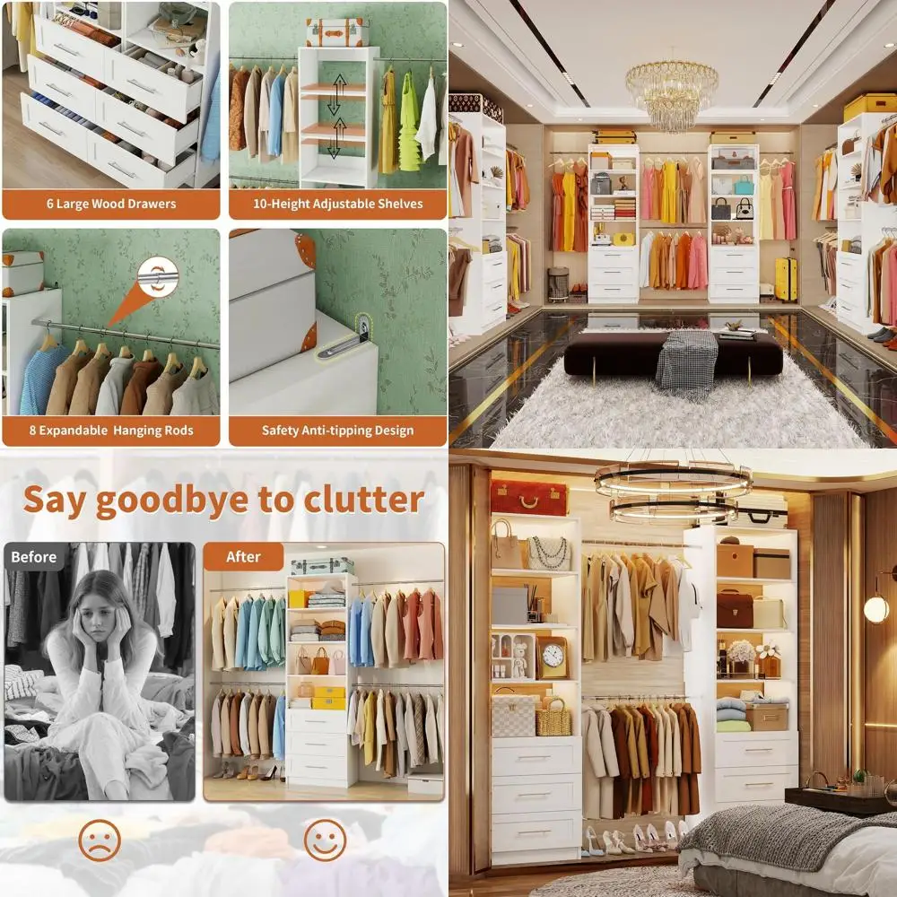 

Closet System with 6 Ders, 5-14T Custom Closet Organizer System with 8 Expandable Hanging Rods&Adjustable Shelves, ular Wood Clo