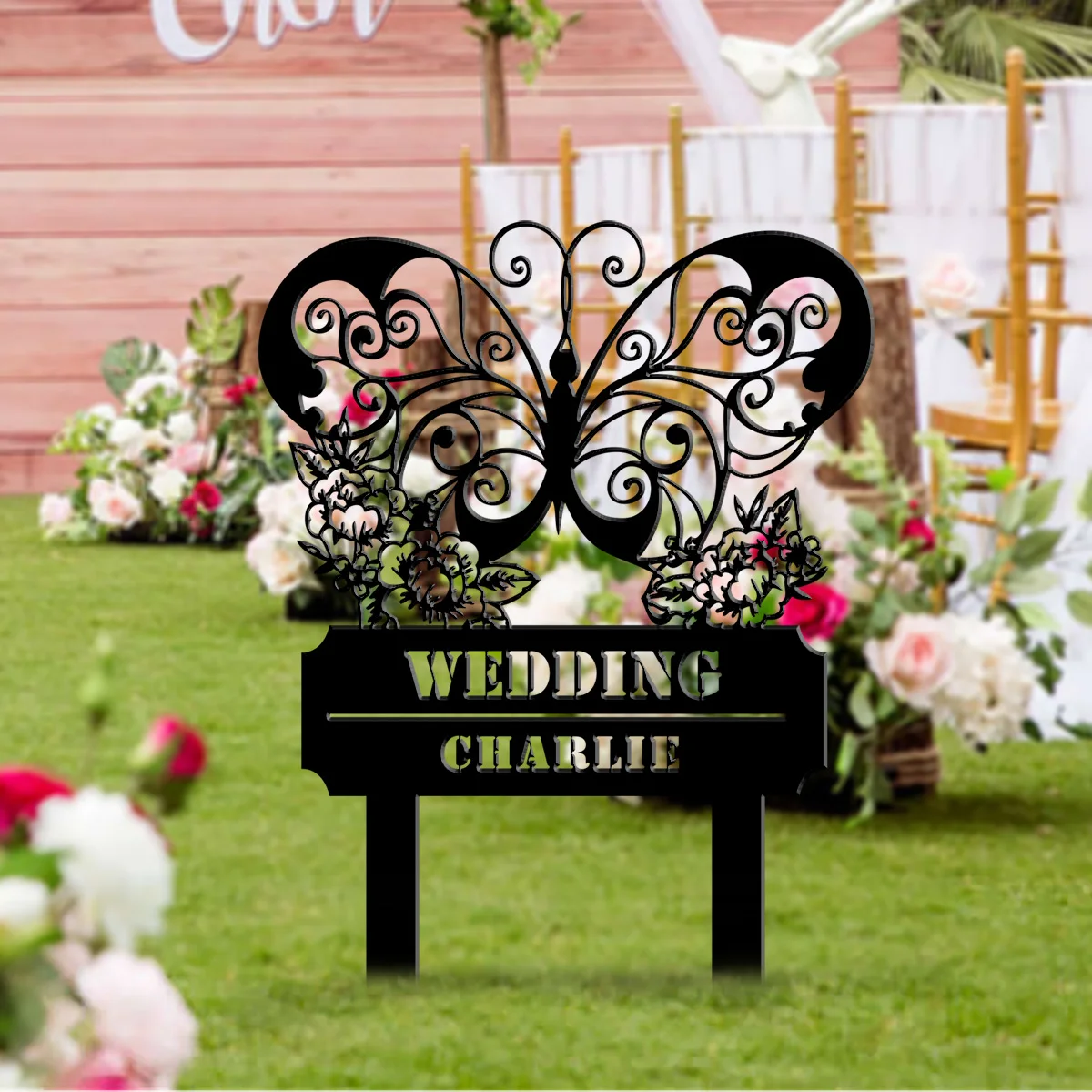 1 PC Garden Flower Butterfly Stake Sign, art decor lawn sign, Exquisite Hollow Filigree Insect decor, Personalized Weddings Sign
