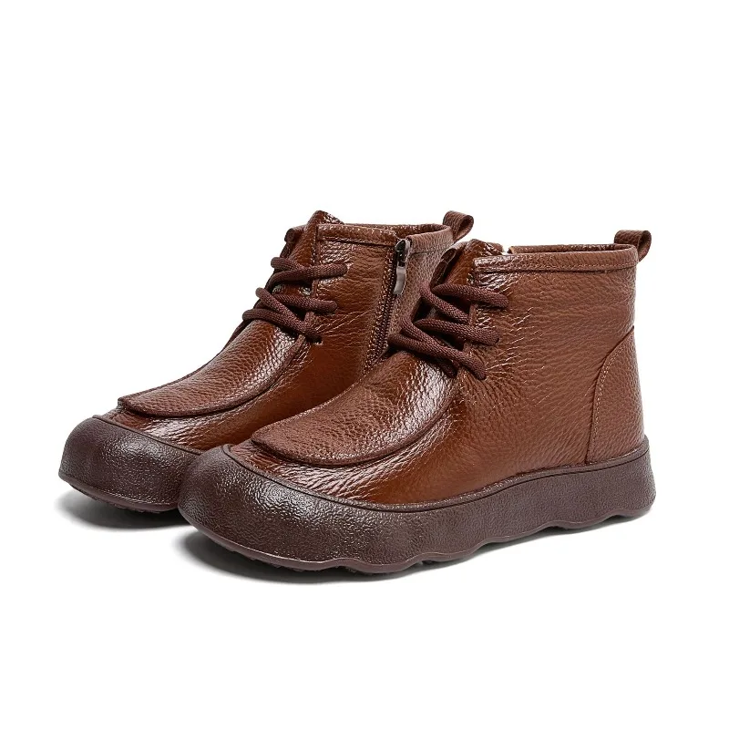 Fashion Lace-Up Ankle Boots Women High Quality Soft Leather Round Toe Platform Boots  Comfortable Non Slip Outdoor Casual Shoes