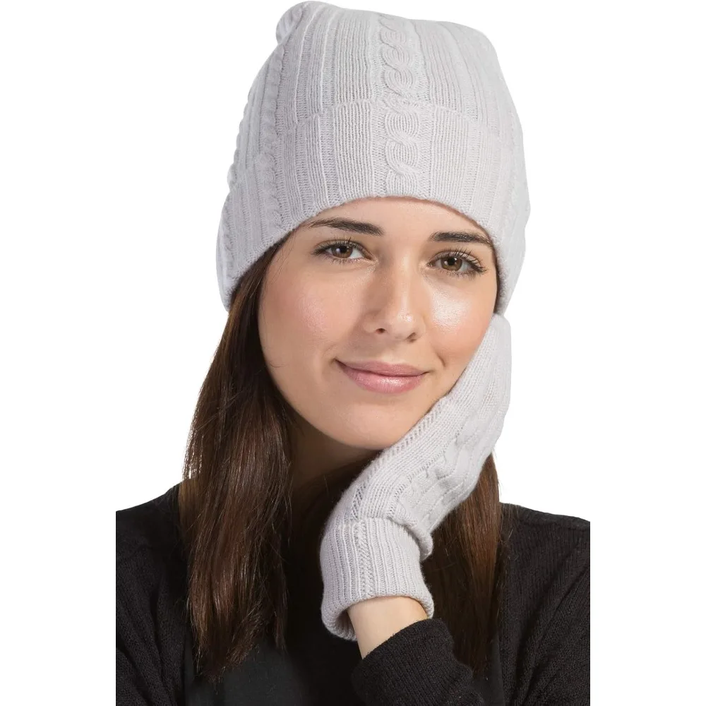 طقم قبعة وقفازات من الكشمير الخالص بنسبة 100% للنساء مع صندوق عرض أنيق