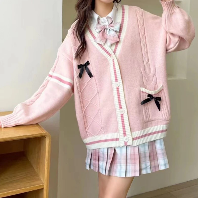 Koreanische Rippen V-ausschnitt Strickjacke Frau Frühling Herbst Adrette Einreiher Pullover für Frauen Mix Farbe Bowknit Mantel Mujer