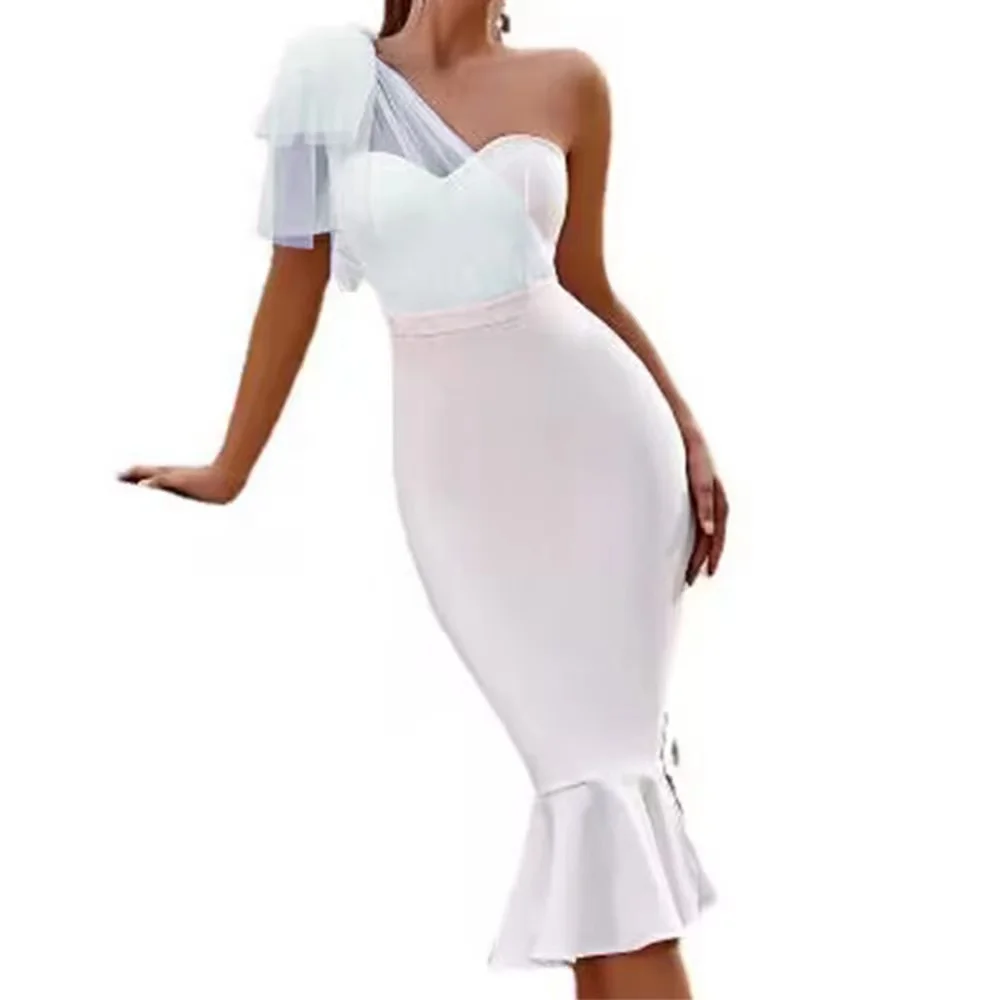 

New Autumn Hot Selling Fashion White Bandage Dress Gauze Splicing Single Shoulder Fish Tail Long Skirt Lady Evening Party Gown