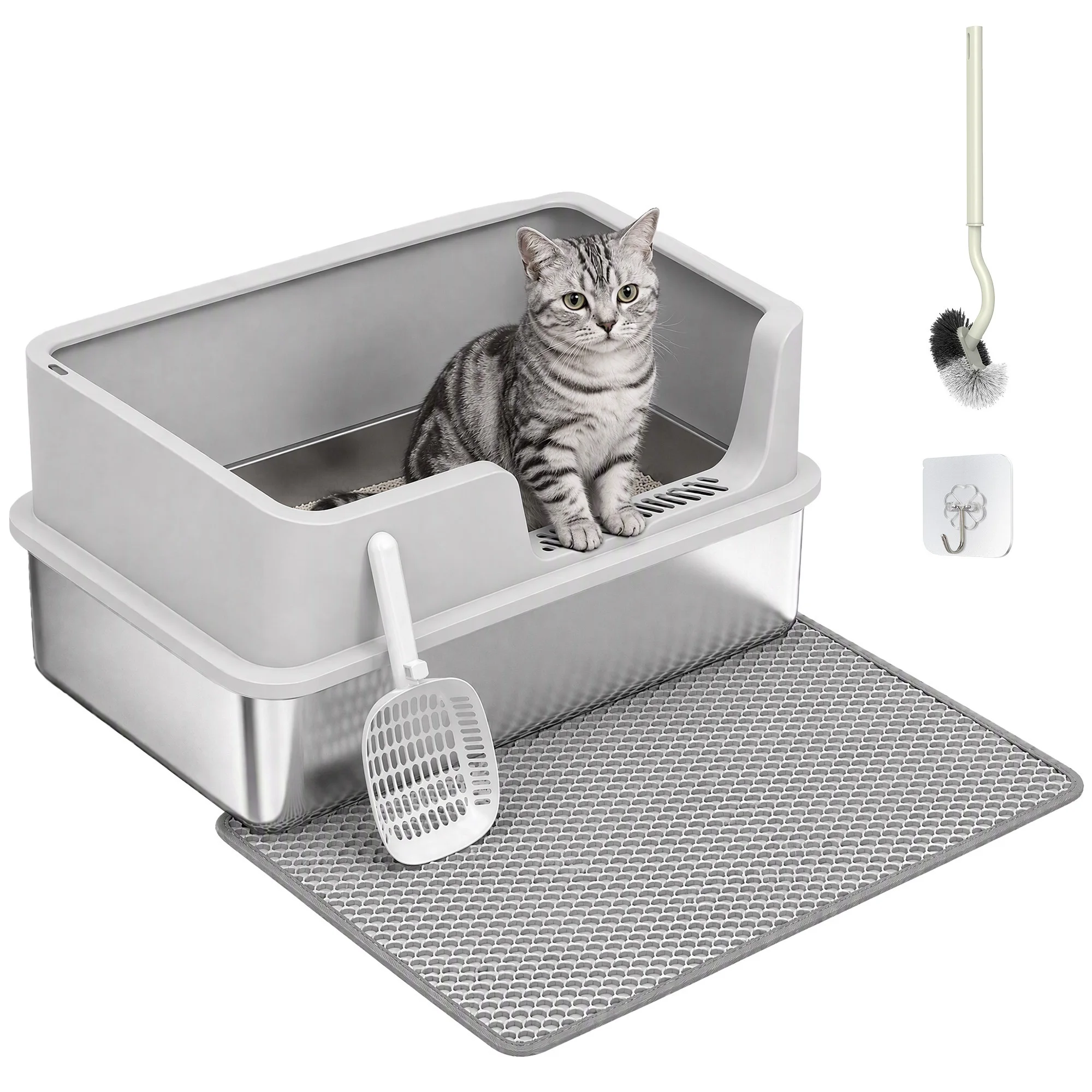 Pawhut XL kattenbak van roestvrij staal, kattenbak, kattenbak met hoge rand, schep, borstel, haak, gemakkelijk schoon te maken, lekvrij, lichtgrijs.