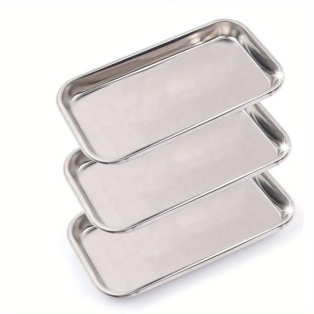 Stainless Steel Storage Tray 3Pcs, Multifunctional Tattoo Dental Surgery Tray, Fake Nail Art Cosmetic Tool Organizer Tray