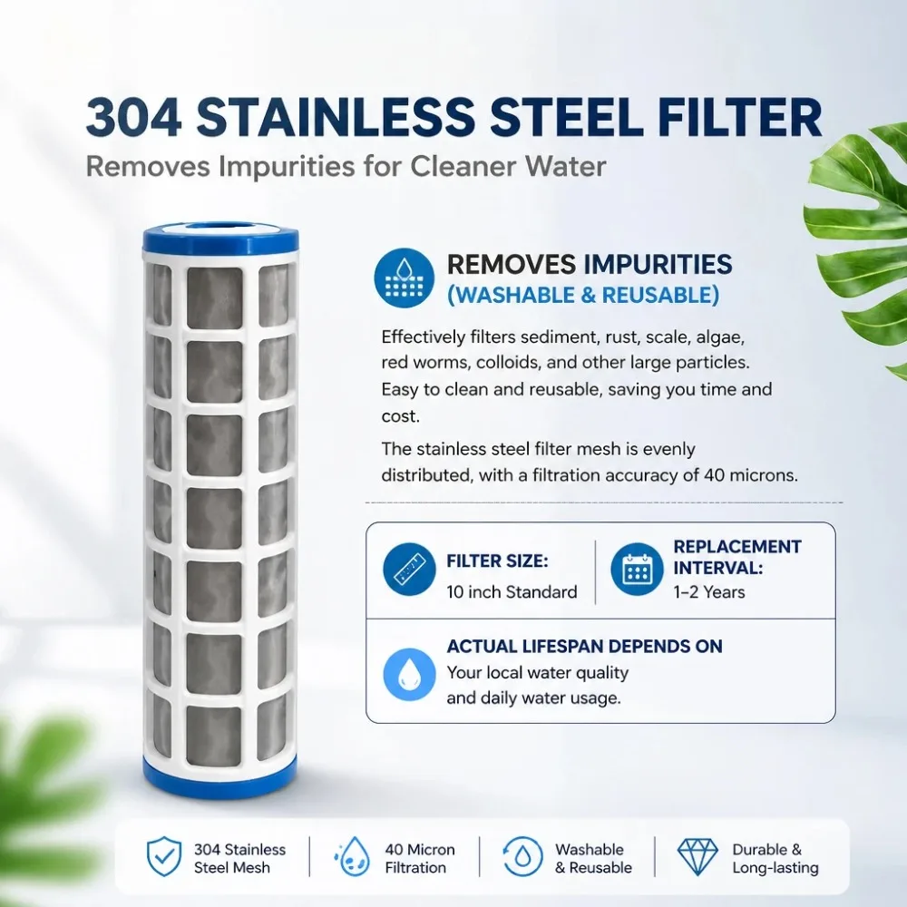 10 Inch Pre Filter Household Well Water Whole House Water Purifier, 304 Stainless Steel High Flow Backwashing Water Filter