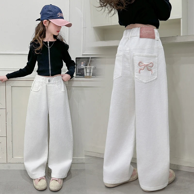 Children Vintage White Straight Jeans With Bows For Girl SpringAutumn Slim Loose Denim Pants Kids Teenager Casual Jeans Trousers