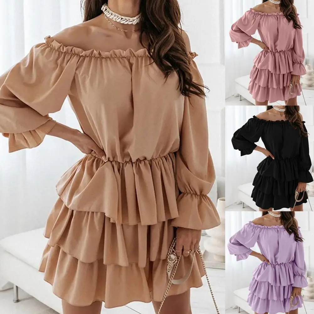 

Elegant Dress for Women Casual Loose Solid Color Long Sleeve Ruffle Mini Dress Hem Tunic Cake Dress Streetwear Party Vestidos