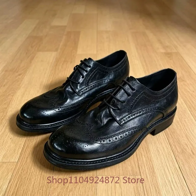 High End Washed Genuine Leather Brogue Carved Men Leather Shoes Youth Business Dress Derby British Black Groom's Shoes Male