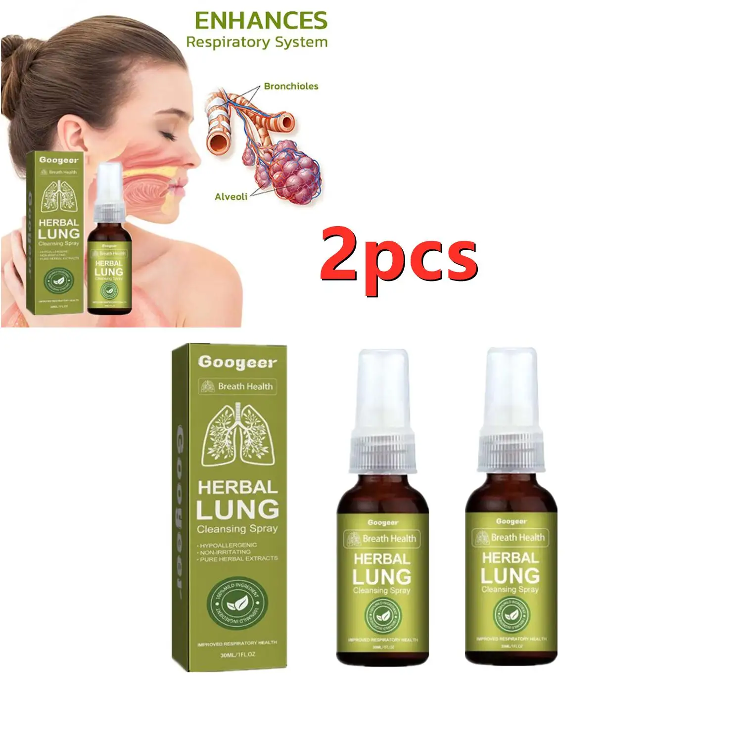 Googeer-Herbal Pulmão Limpeza Spray, Detox Respiração, Pulmão Limpeza Mist, Suporte Poderoso, 2X