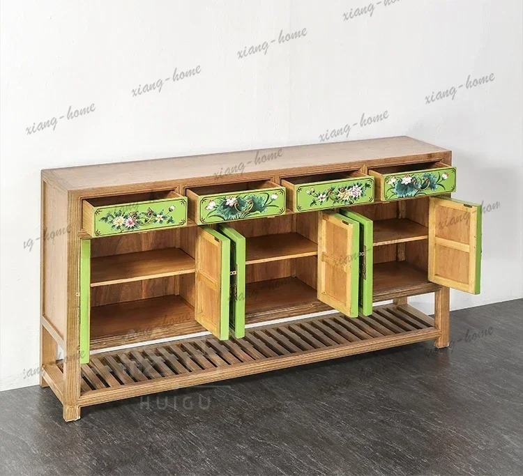 PG Hand-painted Solid Wood Sideboard Storage Cabinet Elm Wood Entrance Partition Shoe Cabinet Complete Furniture