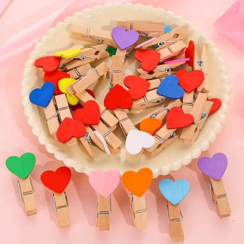 10/100pcs Wooden Love Heart Photo Clips Colored Memo Paper Pegs Clothespin Stationery Valentine's Day Wedding Party Craft Decor