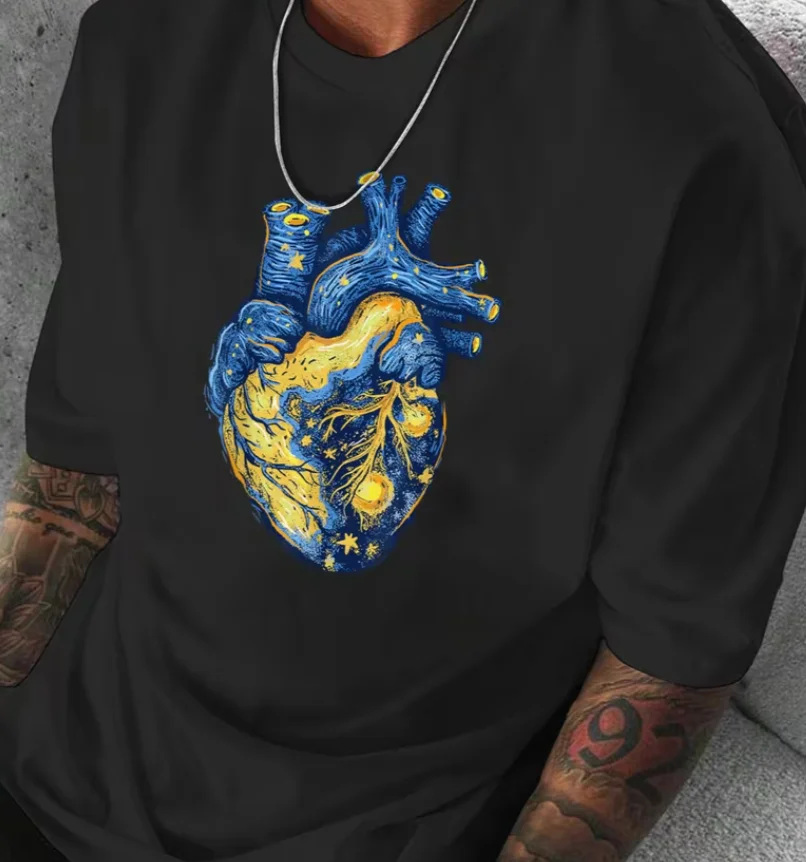Men's Outdoor Casual Short-Sleeve T-Shirt • Van Gogh's Starry Night Heart Pattern • Letter Print T-Shirts