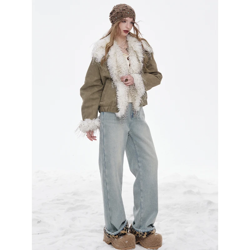 ELFSACK 2025 الشتاء الوافدين الجدد Y2K الصلبة أفخم بطانة هامش تبديل زر معطف للنساء