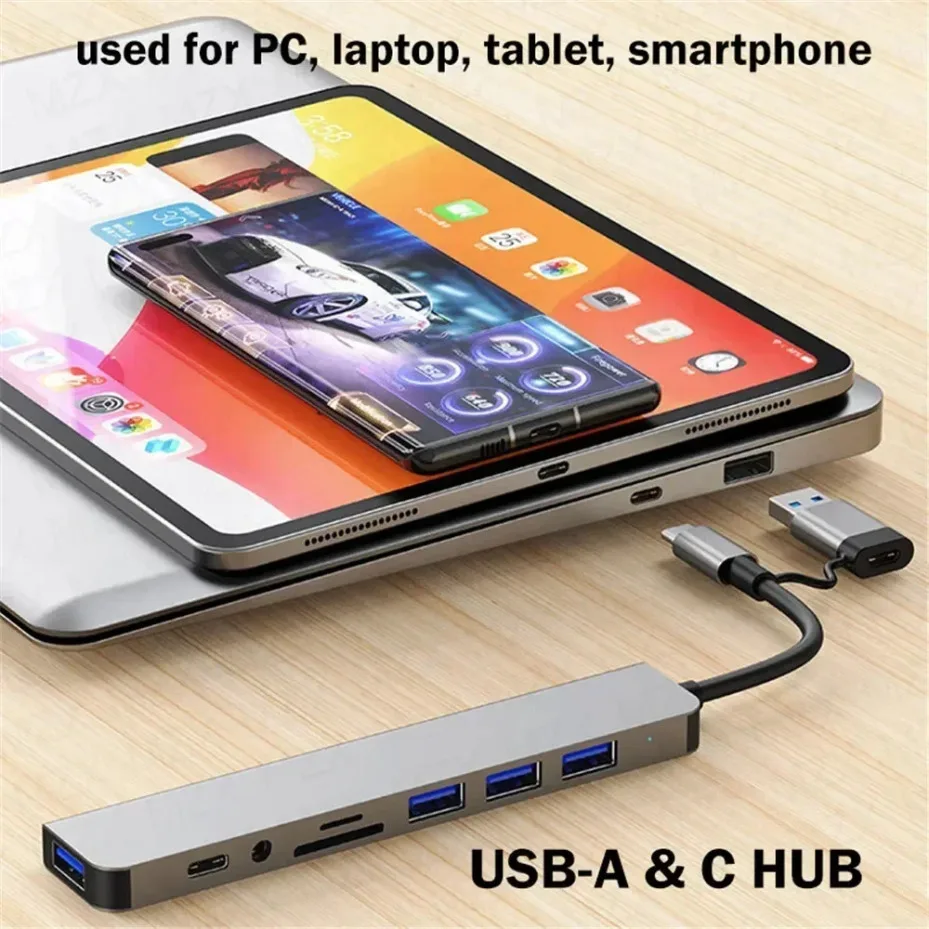 Hub USB-C 8 em 1, Adaptador Multiportas Tipo C, Divisor Dock com 3 Portas USB para Celular e Tablet Xiaomi, Transferência Rápida de Dados e Carregamento.
