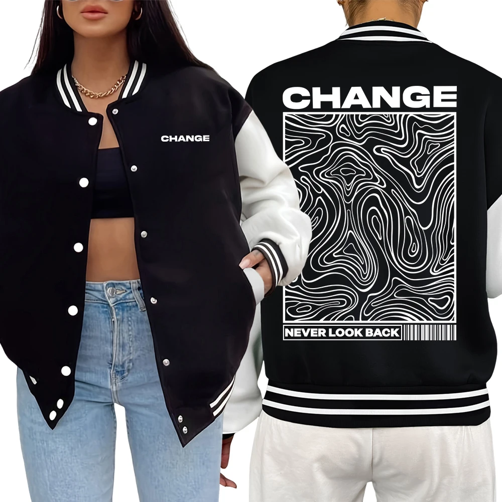 

Change Never Look Back Street Graphic Print Women Clothes Fashion Loose Baseball Jersey Y2K Casual Jacket Autumn Soft Womenswear