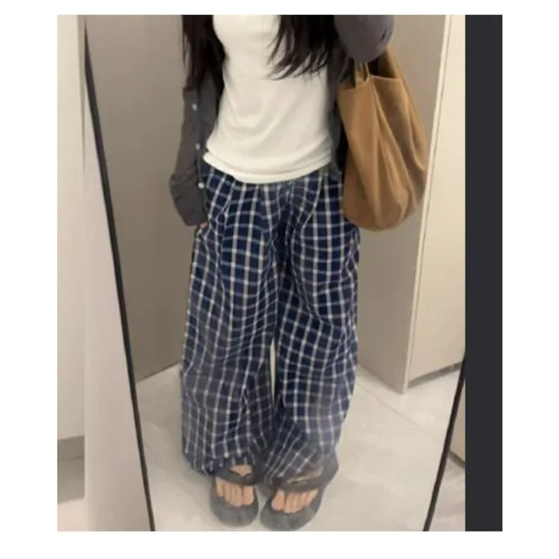 Checkered Pants Women Summer New High Waist Loose Casual Trousers Lazy Style Flowy Design