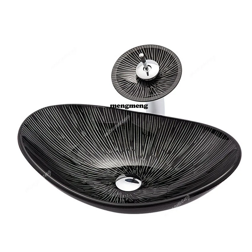Oval Black Bathroom Sink Washbasin Bath Set Faucet Mixer Tap Art Design Tempered Glass Hand Painted Waterfall Basin