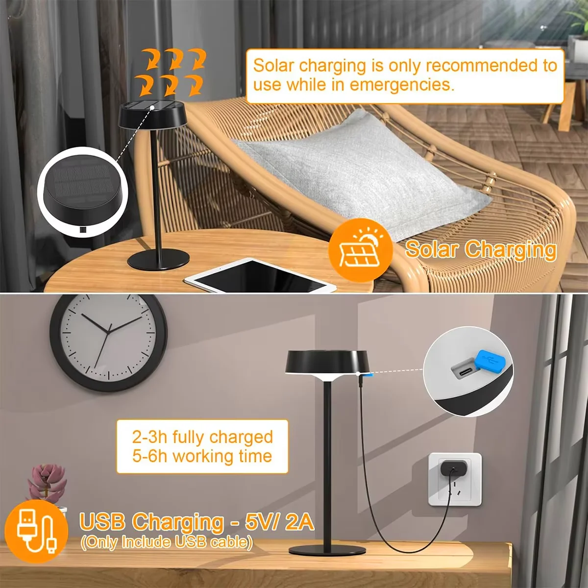 Rechargeable Solar Touch Table Lamp, 3 Color Temperature Dimmable Cordless Desk Light, Waterproof Indoor Outdoor Portable Lamp