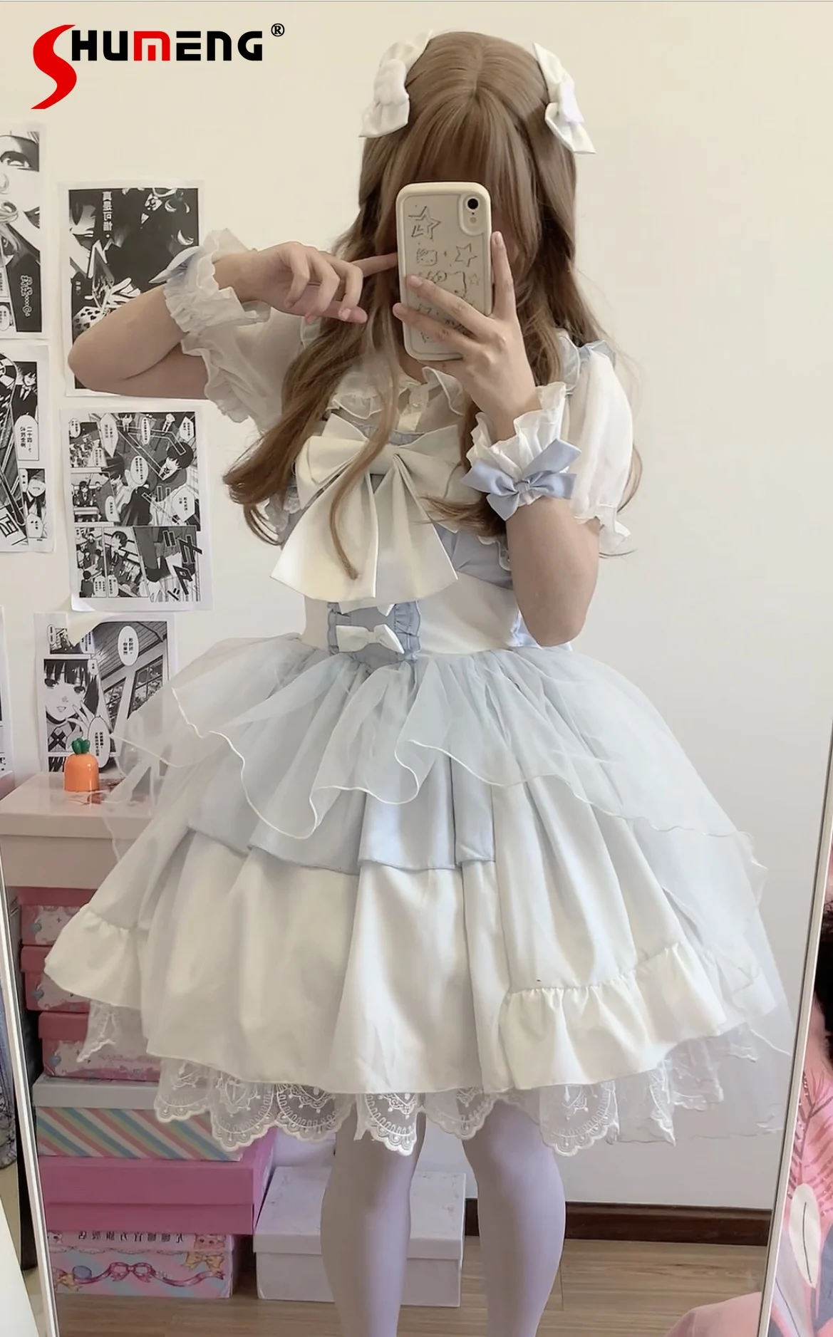 

Original Design Lolita JSK Suspender Dress Sweet Cute Big Bow Mesh Lace Stitching High Waist A-line Ball Gown Short Dress Women