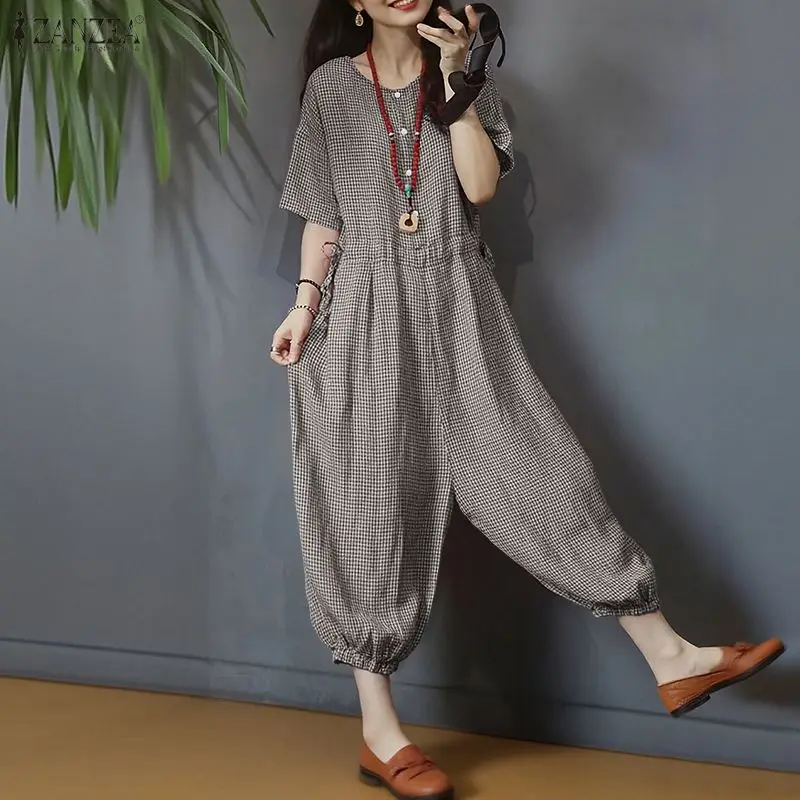 

Vintage Women Jumpsuits ZANZEA 2026 Summer O Neck Half Sleeve Work Playsuits Casual Loose Wide Leg Trousers Baggy Plaid Rompers