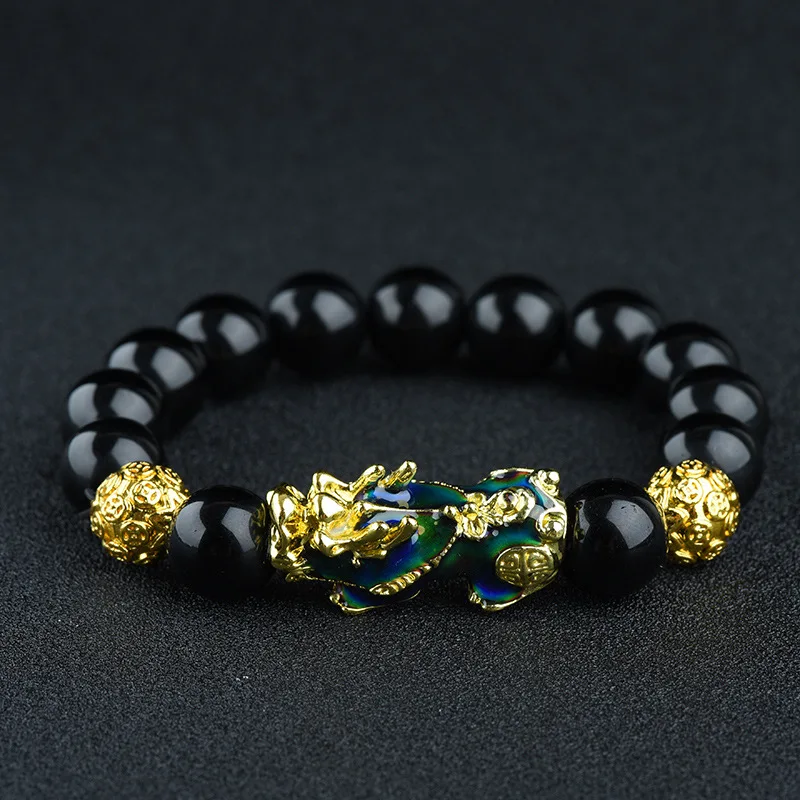 Chinese Ethnic Style Couple Bracelet Domineering Gold Color Pixiu Bracelet Changing Color Body Temperature Bead String Bracelet