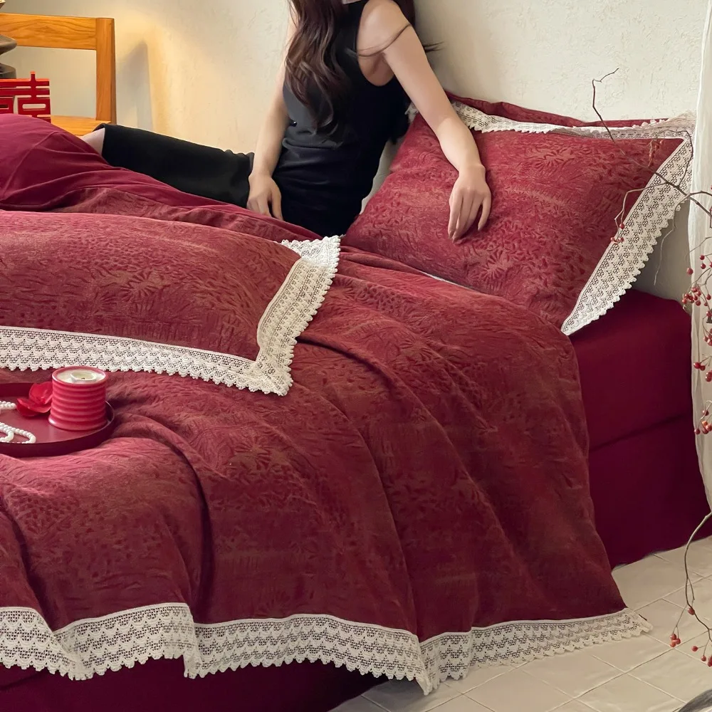 French Medieval Style Red Wedding Pure Cotton Four-piece Set Flat/Fitted Bed Sheet Quilt Cover Daily Available Bedding Set