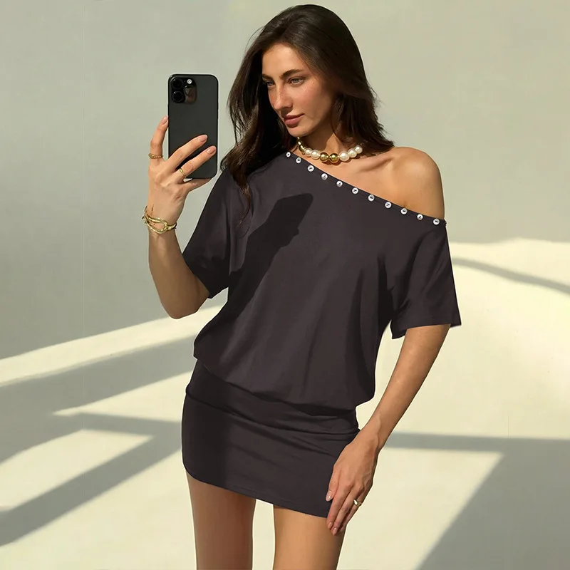 

2026 Spring American Sexy Hot Girl Style Shell Buckle Slant Neck Off Shoulder Fashion Street Slimming Bag Hip Dress for Women