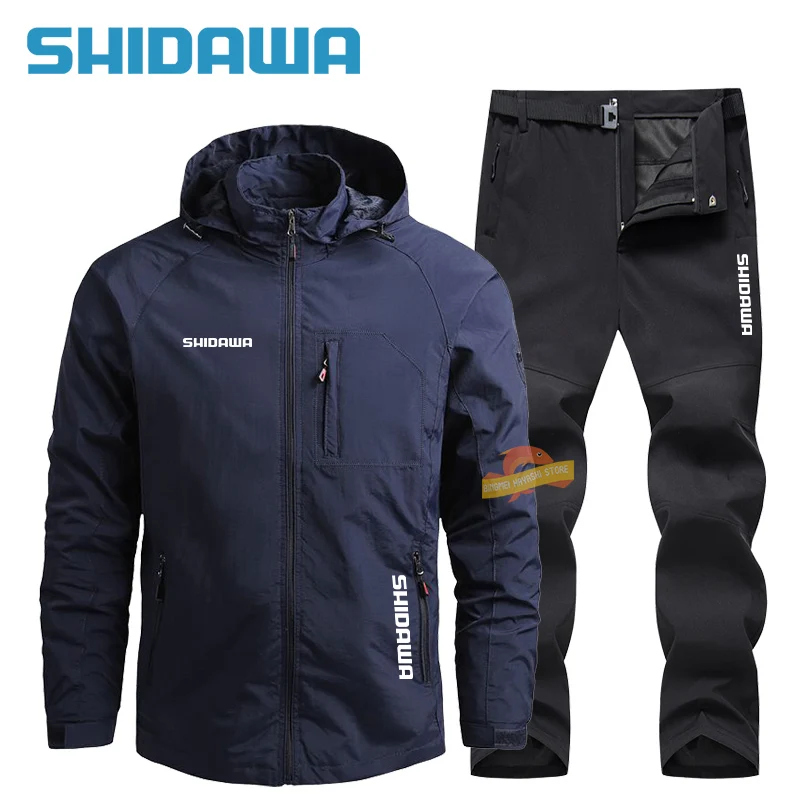 Spring Autumn Men's Thin Fishing Suit Casual Sports Breathable Windproof Hooded Jacket + Pants Outdoor Quick Drying Camping Set