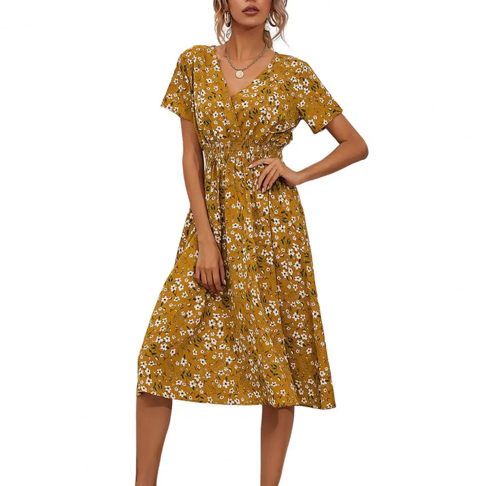 V-Neck Short Sleeve Elastic Waist Tight Flowy Hem Women Dress Summer Sweet Floral Print Midi Dress