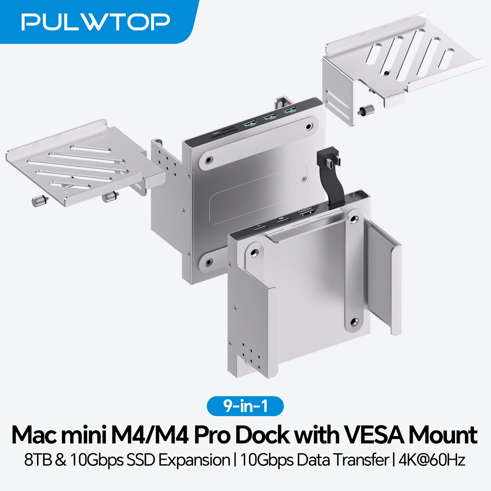 PULWTOP Mac mini M4 Hub with NVMe SSD Enclosure, HDMI 4K@60Hz, USB-A10Gbps, Metal Bracket Holder for Monitor, Desk and VESA Port