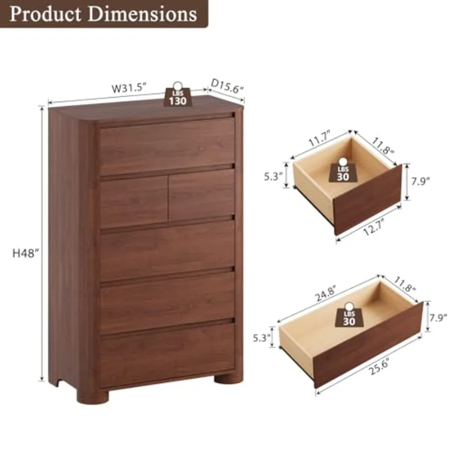 6 Drawer Dresser for Bedroom: MDF Wood, White, Space-Saving Tall Chest with Smooth-Glide Drawers and Modern Design