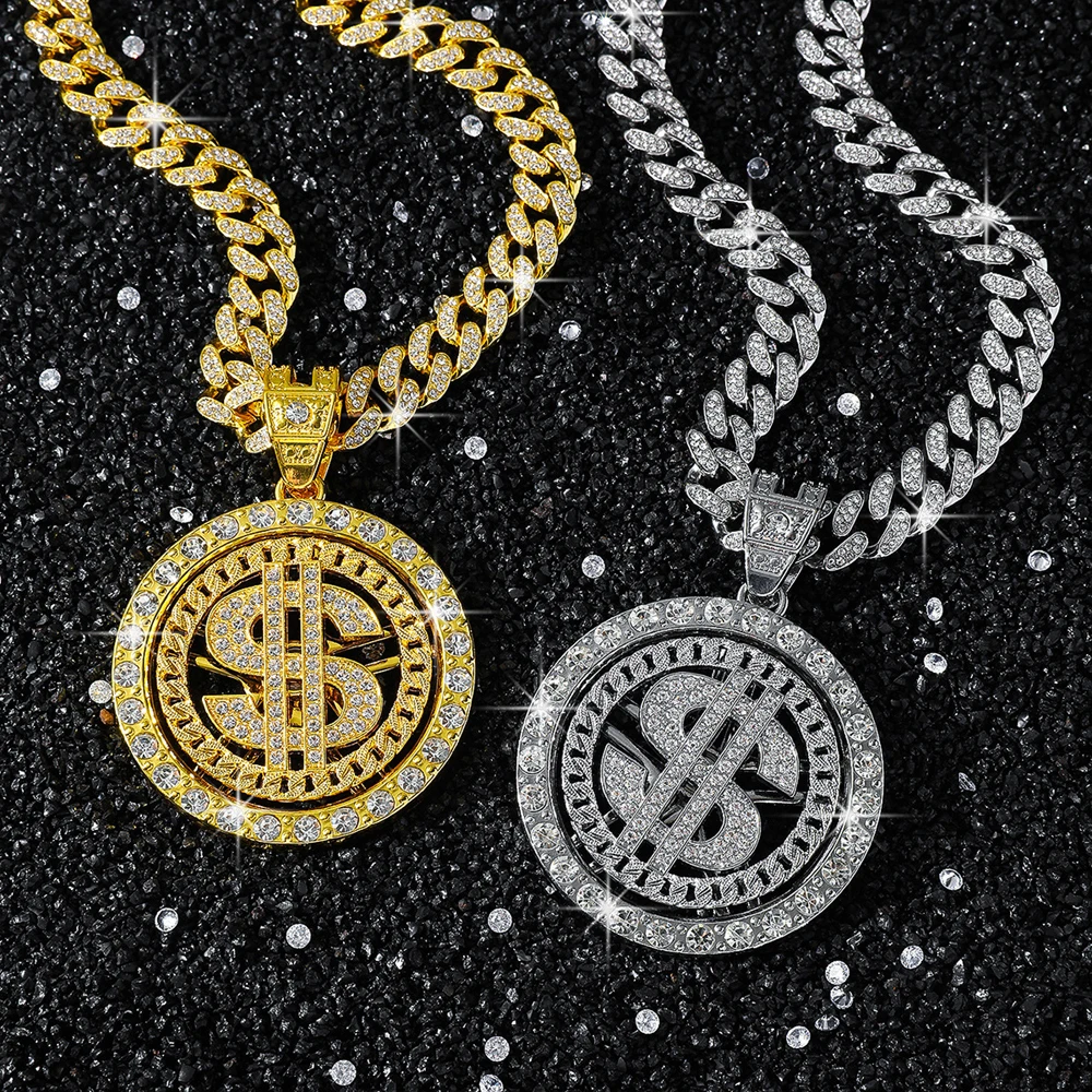 Men Hip Hop Big Rotatable US Dollar Money Sign Pendant Necklace 13mm Iced out Cuban Chain Choker Necklace Rap Rock Charm Jewelry