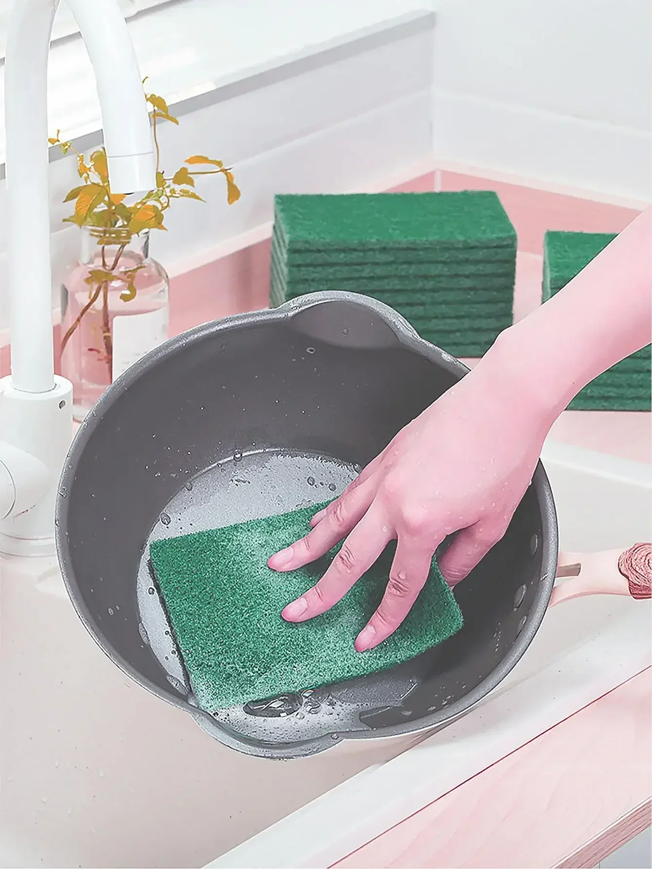 

5pcs-Scouring Pad Dish Scrubber Scouring Pads Green Reusable Household Scrub Pads Carpet Cleaning Solution Fiber Brush to Clean