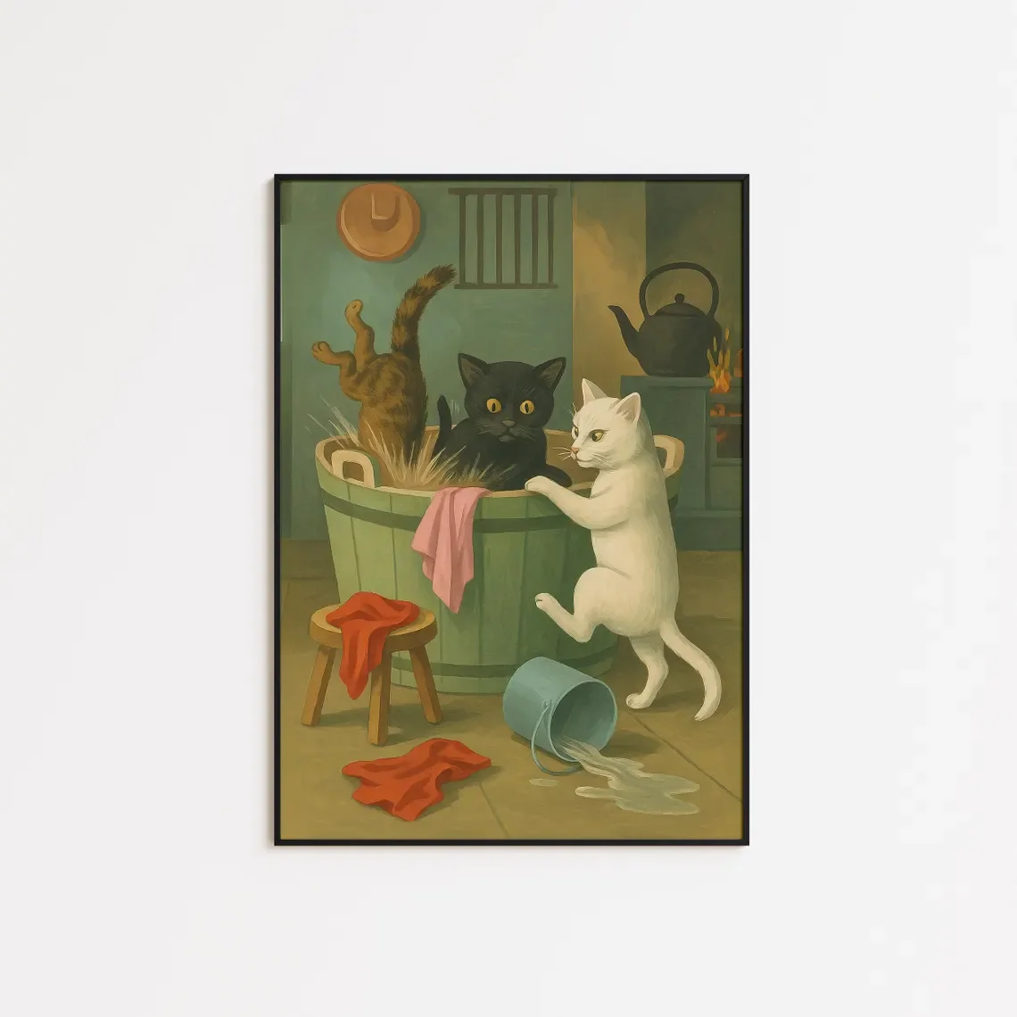 Vintage Playful Bath Cats Wall Decor Print - Perfect Gift for Cat Owners, Farmhouse Home Stylists, or parents furnishing cozy co