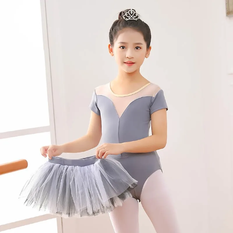 Summer Girls Cotton Short Sleeve Ballet Leotards With Tutu Skirt Body Suit Outfit Set Dancing Dress Gymnastic Costumes Suits Kid