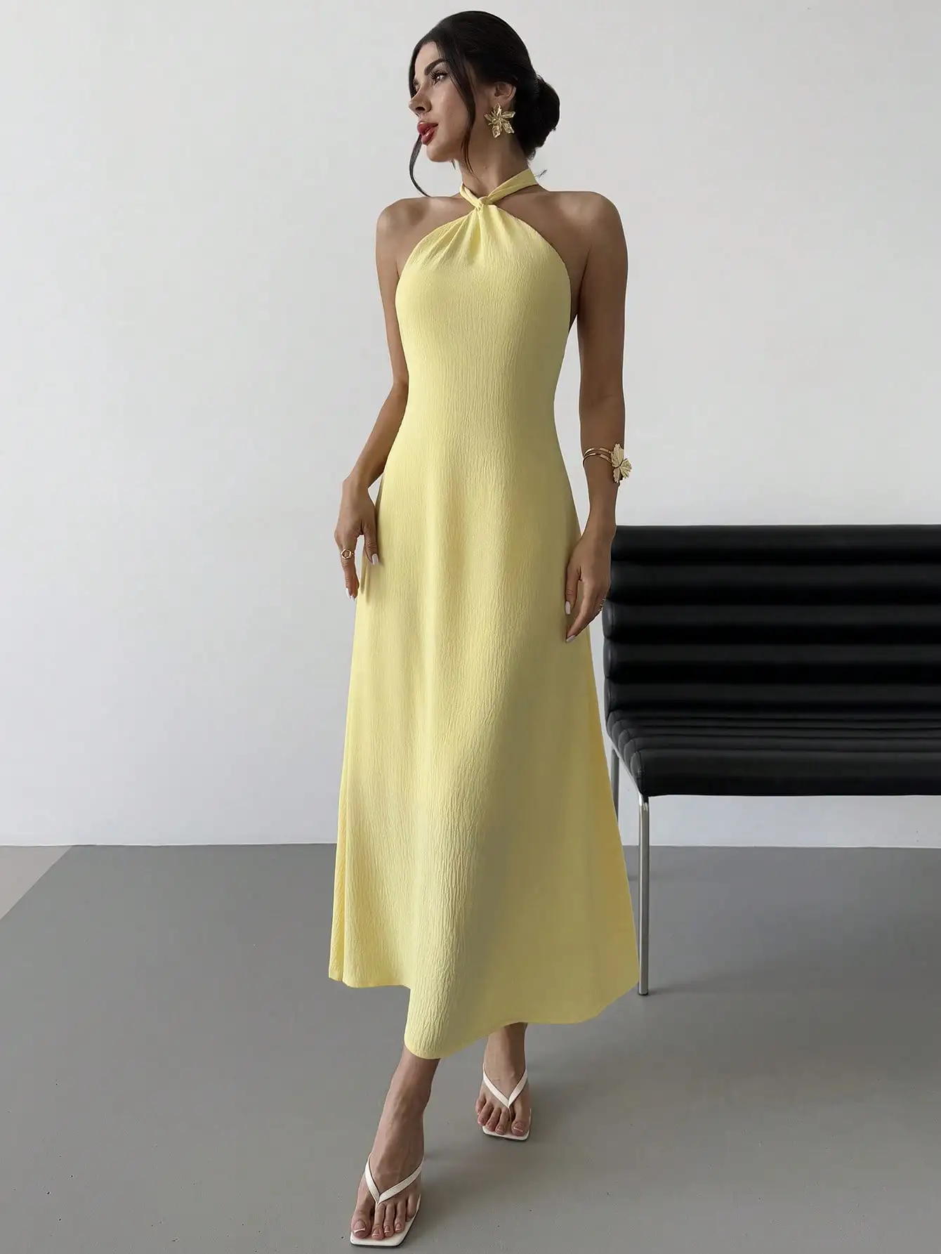 

Yellow Halter Neck Backless Maxi Dress for Vacation Party or Date Night