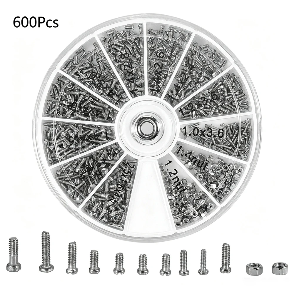600Pcs 12 Kinds Stainless Steel Mini Screws Nuts Assortment Kit, Electronic Repair Fasteners Set for Household & Electrical Tool