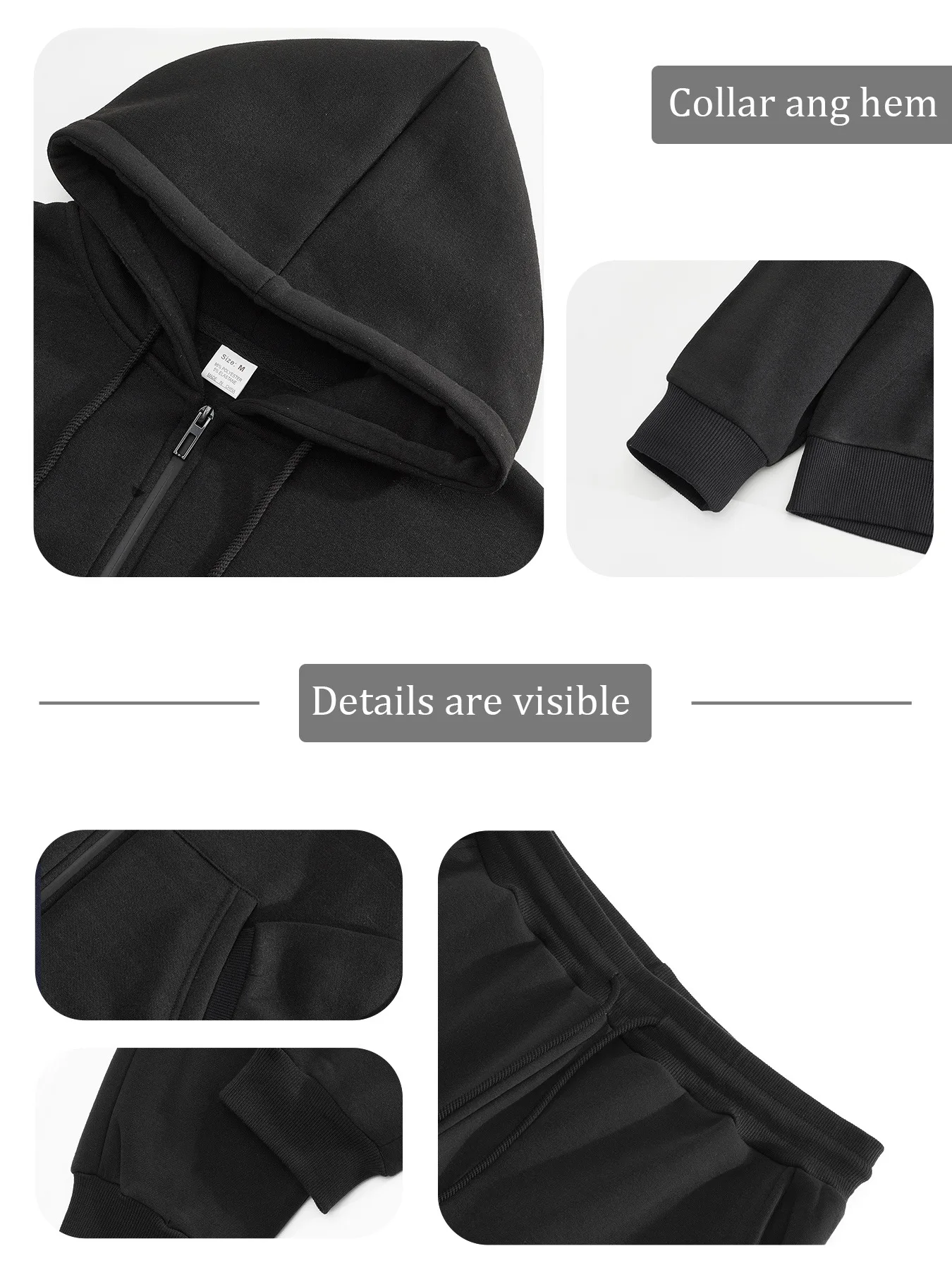 Herbst-Winter Herren Fleece Zweiteiler Set Einfarbiger Zip-Hoodie Jogginghose Warme Freizeitkleidung Locker Sitzender Täglicher Trainingsanzug – Detail 9