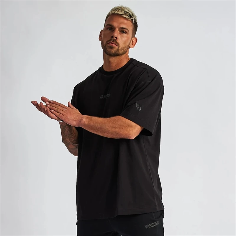 Loose men\'s T-shirt summer casual cotton round neck short sleeve T-shirt top fashion jogger running exercise fitness sportwear