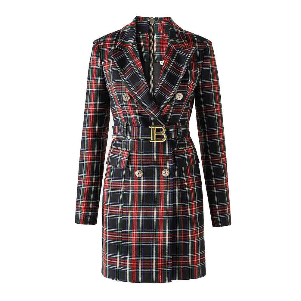 2024 stile Vintage nero rosso Plaid primavera autunno stile elegante Lady Women Slim Office Blazer Dress con cintura